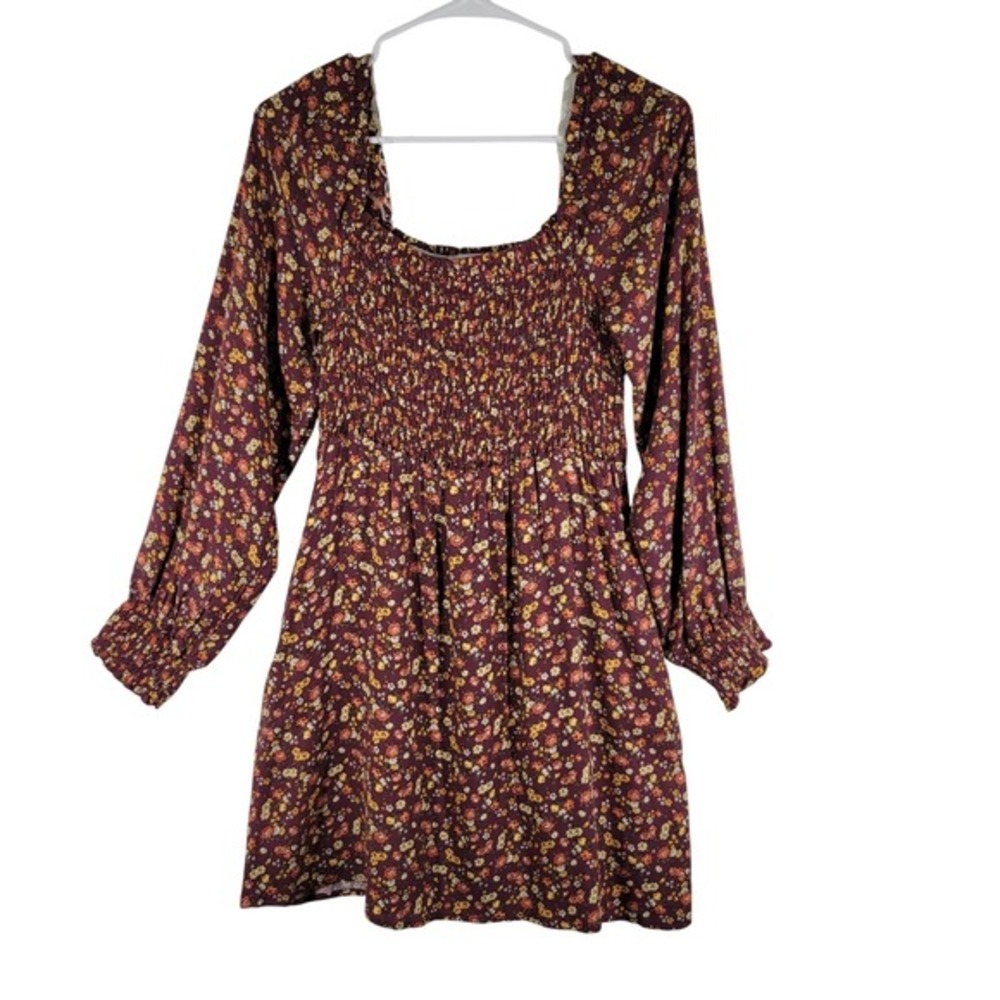 Mimi Chica Brown Floral Smocked Mini Dress Womens Large Cottage Cabin BOHO